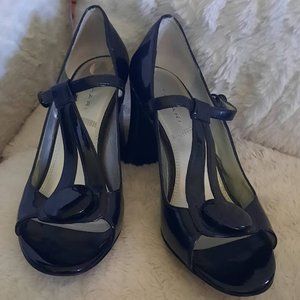 Tahari Black Patent Leather Block Open Toe Heels